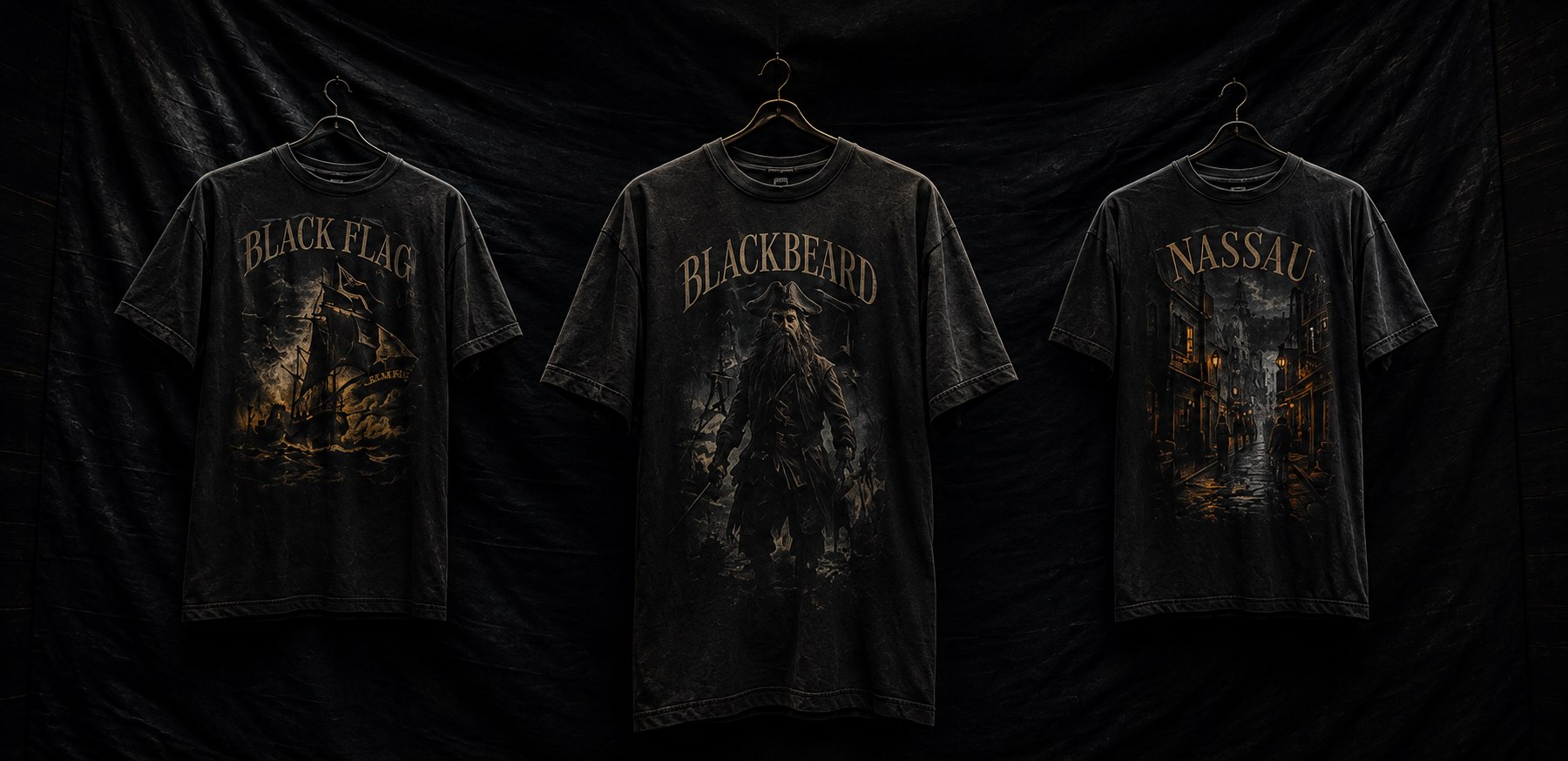 Drop 001 — The Black Flag, Blackbeard and Nassau tees hanging on a dark drape
