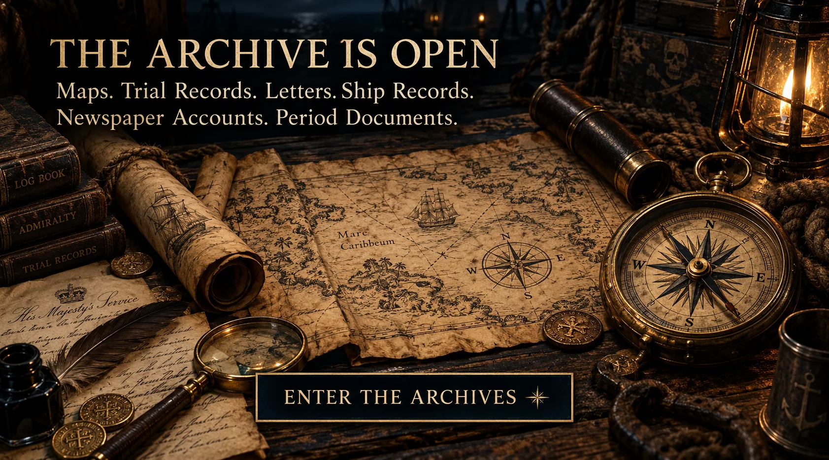 Historical map, records, compass, and lantern in the Dark Tides archive