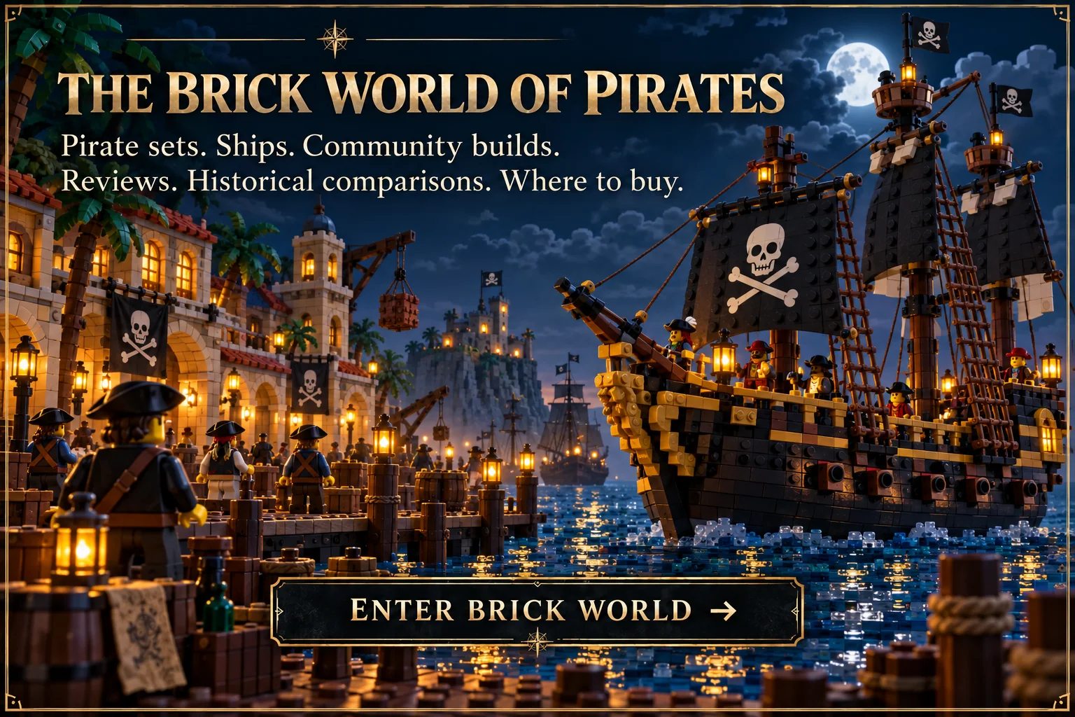 Brick-built pirate ship entering a moonlit harbor