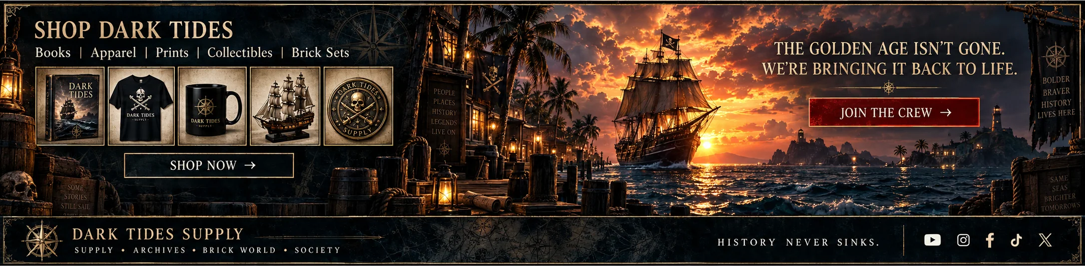 Dark Tides shop and a pirate ship sailing into a golden sunset