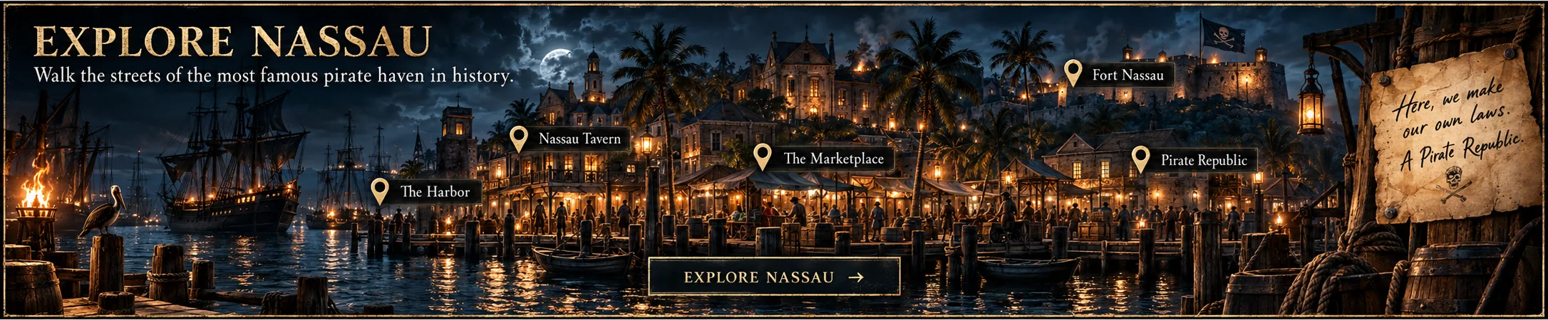 Lantern-lit Nassau harbor with future destination markers