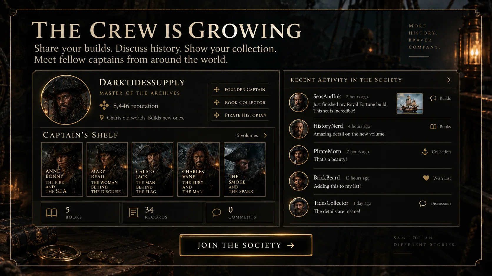 Dark Tides Society member profile, captain's shelf, and recent activity