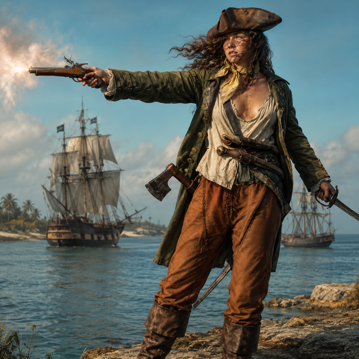 A cinematic modern historical interpretation of Anne Bonny firing a pistol beside the sea