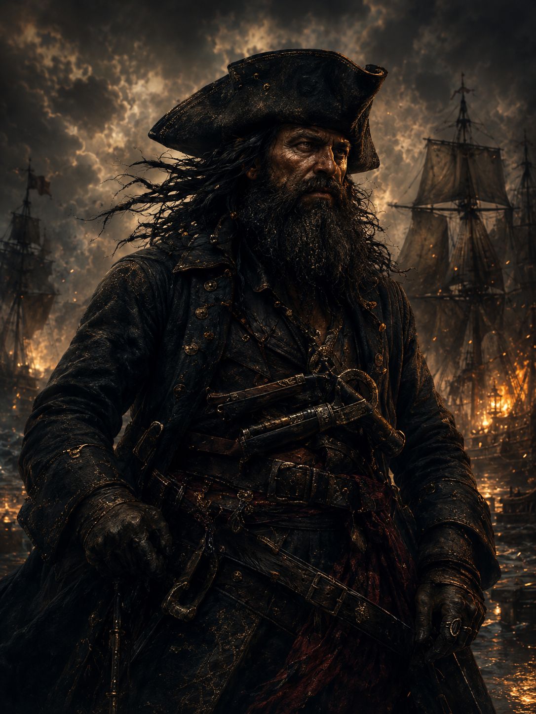 Blackbeard on deck at night, burning ships behind him