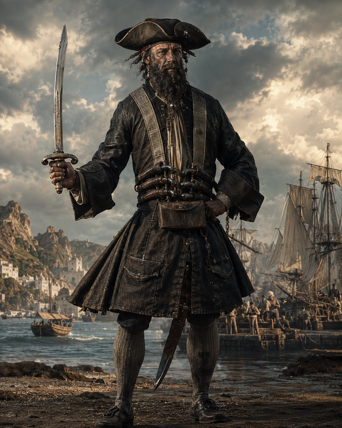 Modern artistic reconstruction of Blackbeard standing at a harbour with a sword