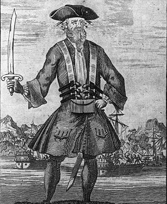 Early engraved depiction traditionally identified as Blackbeard holding a sword
