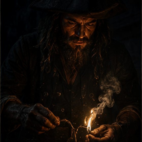 A pirate captain lighting slow match in the dark