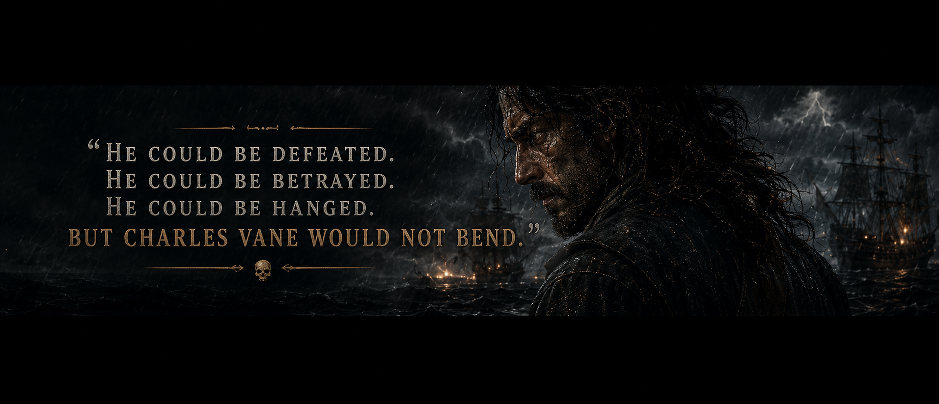 Charles Vane at sea beside the words: He could be defeated. He could be betrayed. He could be hanged. But Charles Vane would not bend.
