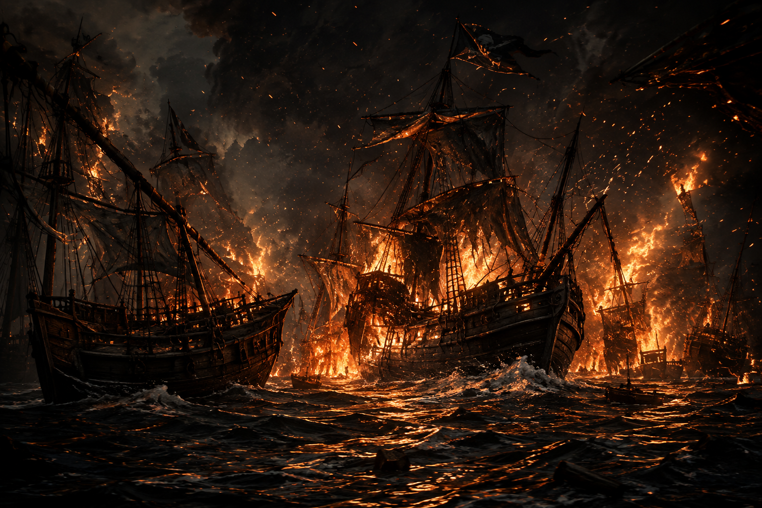 Artistic scene of a burning fireship breaking through a naval blockade