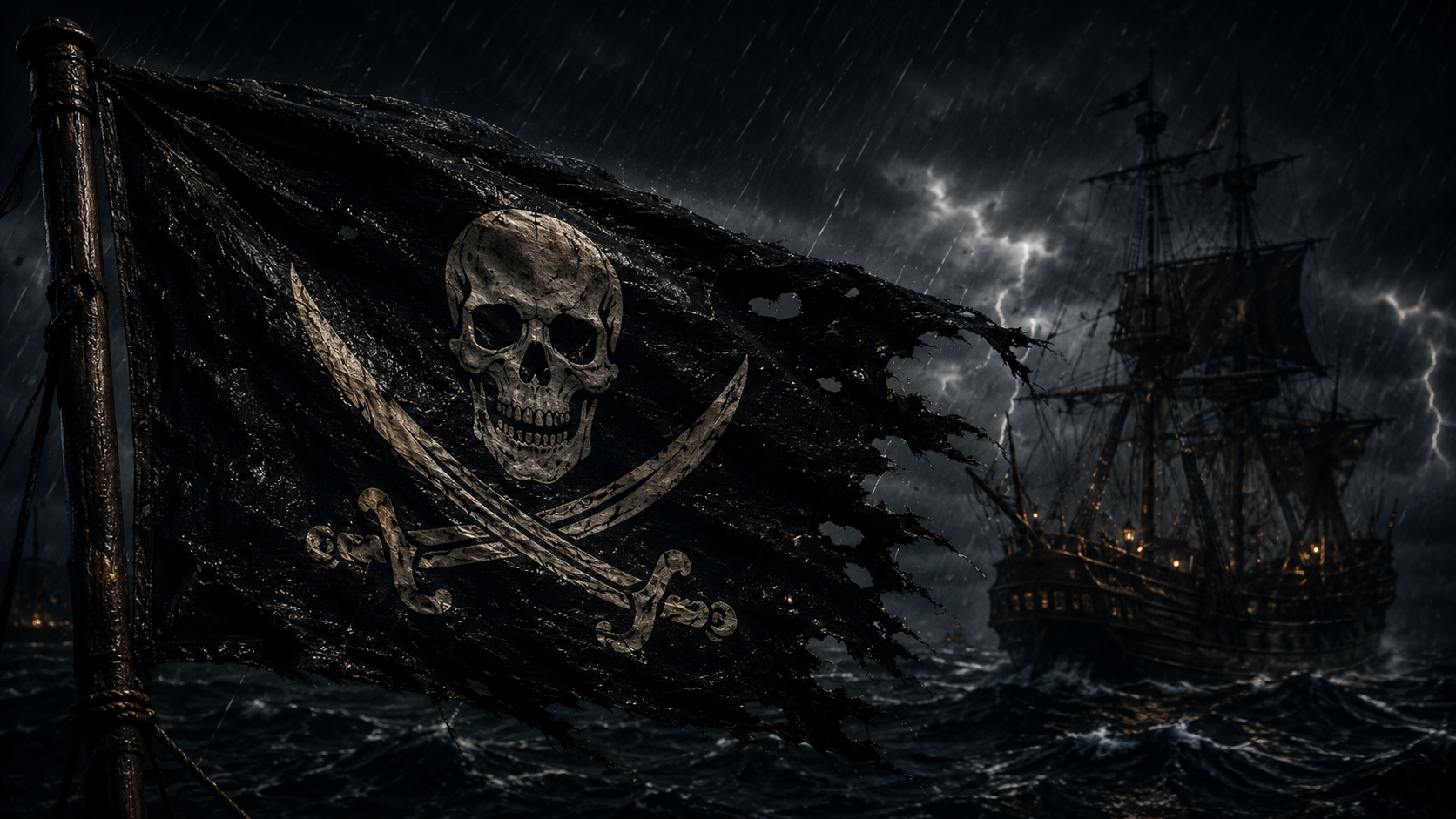 Crossbones and crossed swords on a dark pirate flag