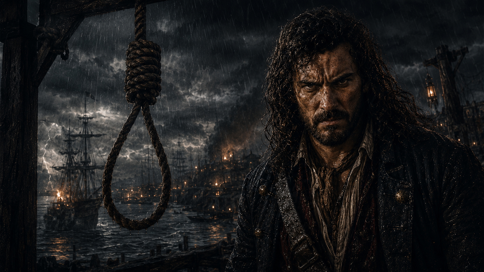 Artistic depiction of gallows at Port Royal with a Charles Vane book cover