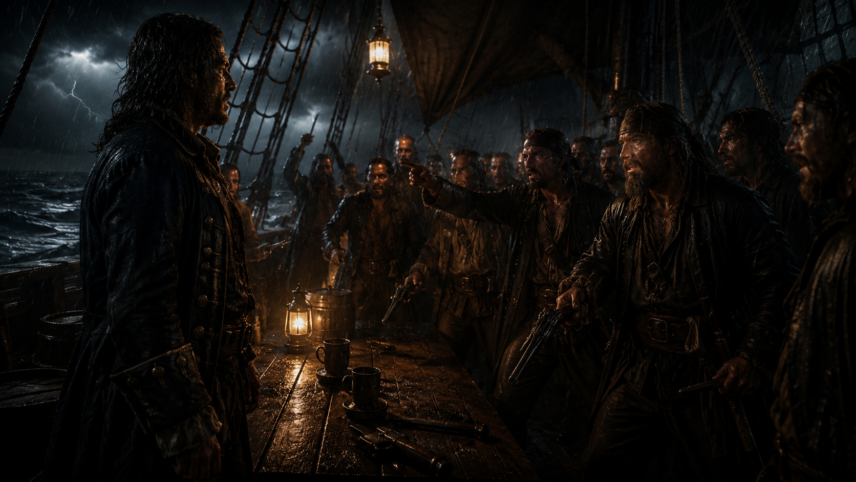 Artistic scene of a pirate crew voting aboard ship