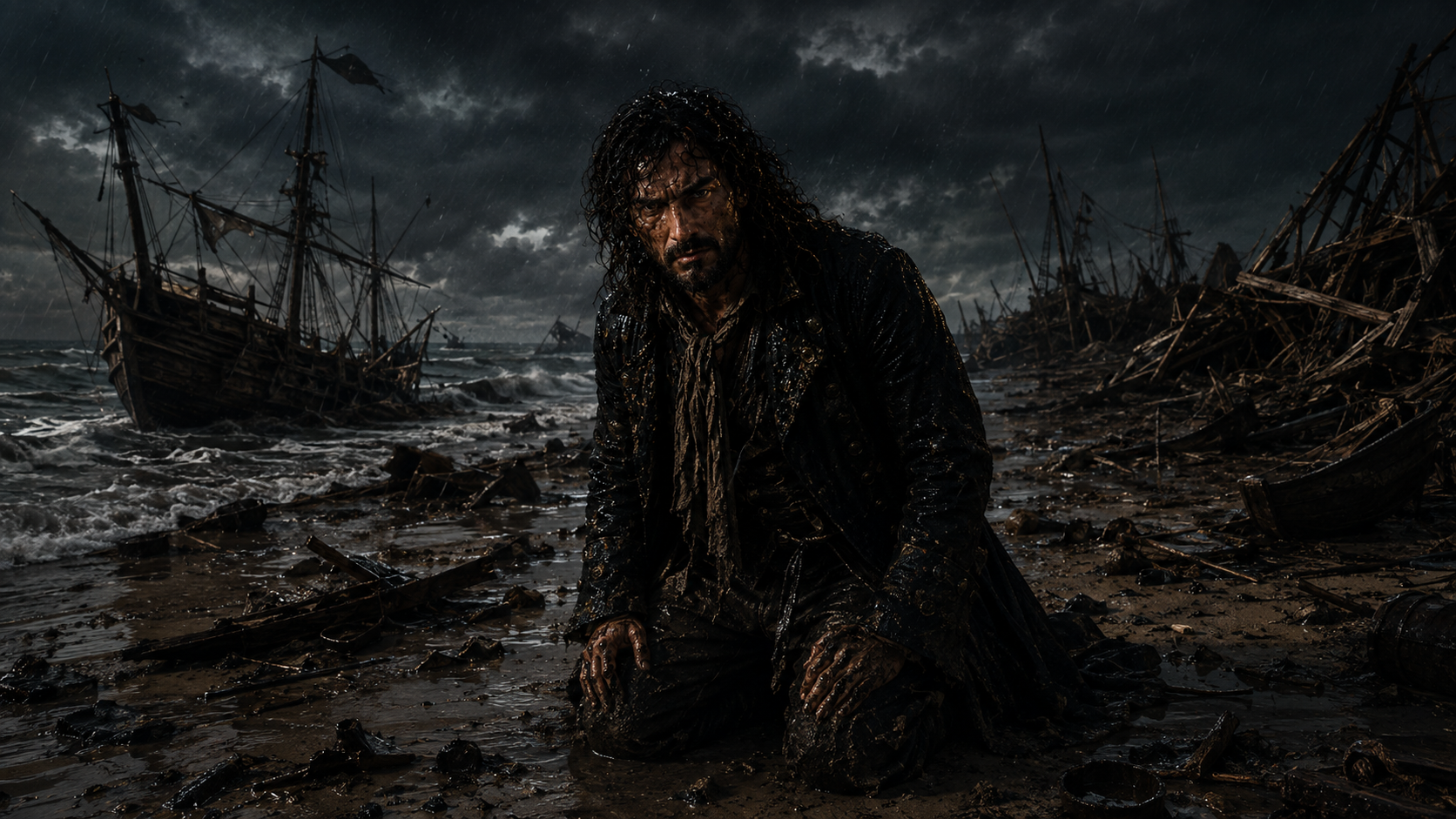 Artistic scene of Charles Vane stranded after a storm and shipwreck