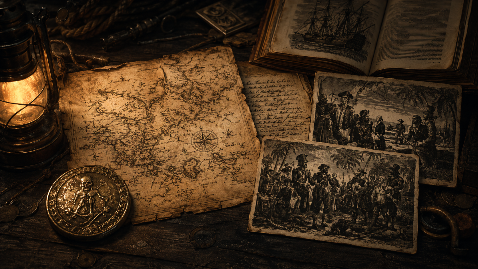 Historical maps, documents, engravings, and a maritime token