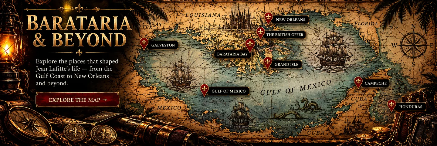 An antique chart of the Gulf of Mexico marking Galveston, New Orleans, Barataria Bay, Grand Isle, Campeche and Honduras