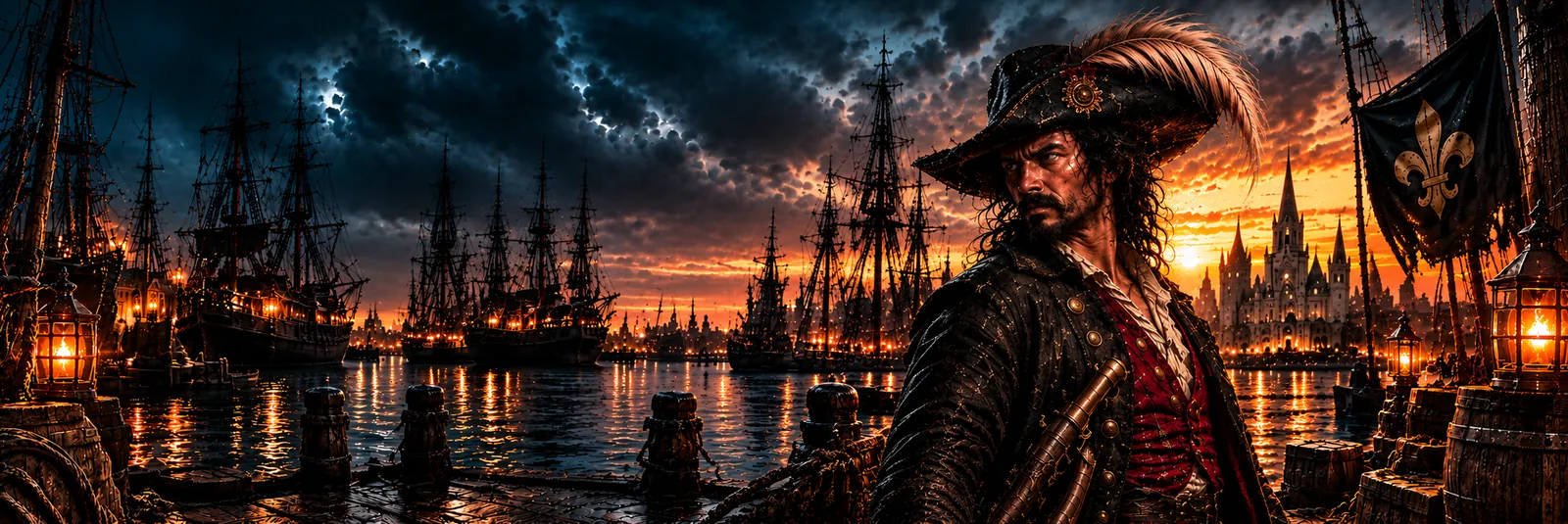Jean Lafitte on a lantern-lit New Orleans wharf at dusk, tall ships and the cathedral behind him