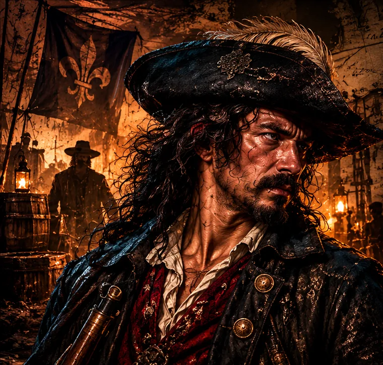 Jean Lafitte in a feathered hat, lanterns and rigging behind him