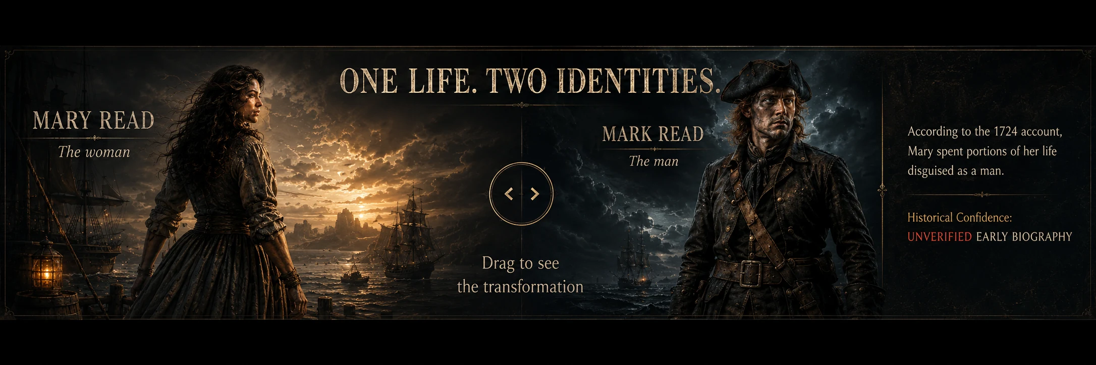 One life, two identities: Mary Read shown as a woman beside the masculine identity called Mark Read in the 1724 account. Historical confidence: unverified early biography.