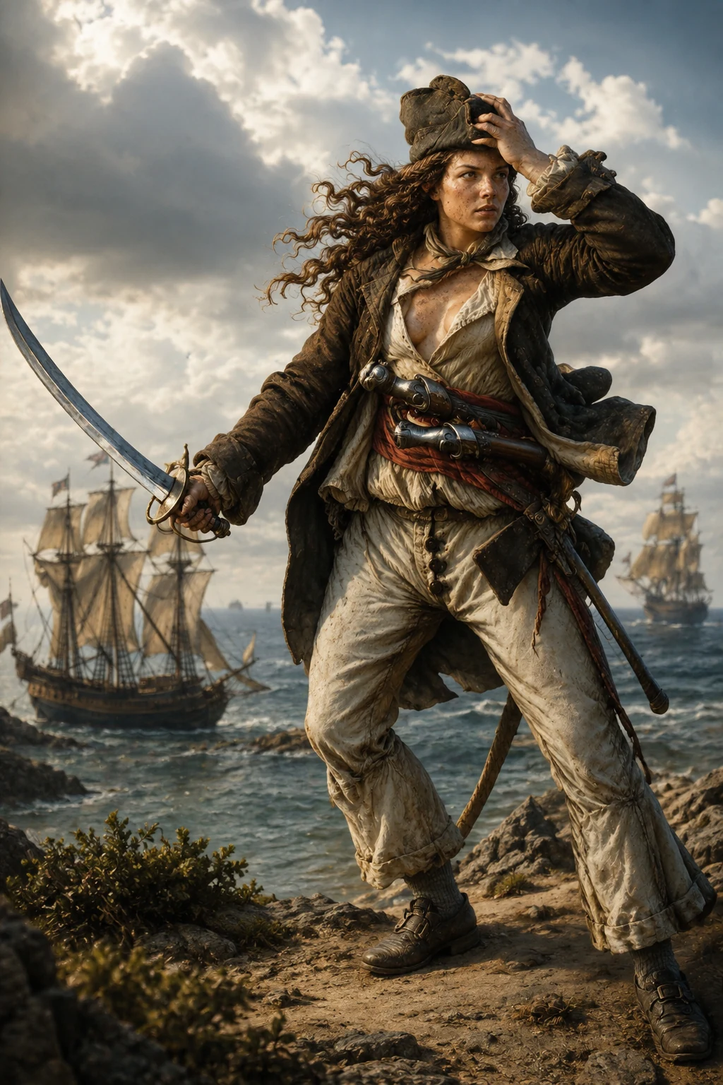 Modern artistic reconstruction of Mary Read holding a cutlass on a rocky shore