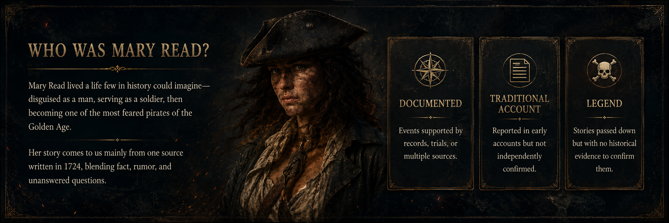 A modern historical interpretation of Mary Read in a weathered tricorn hat.