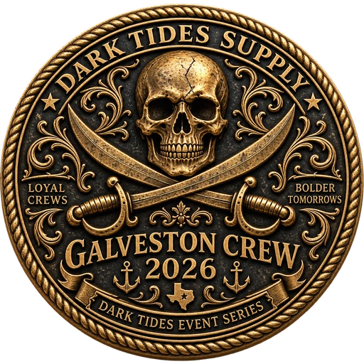 Token front — skull over crossed cutlasses, Galveston Crew 2026, Dark Tides Event Series.