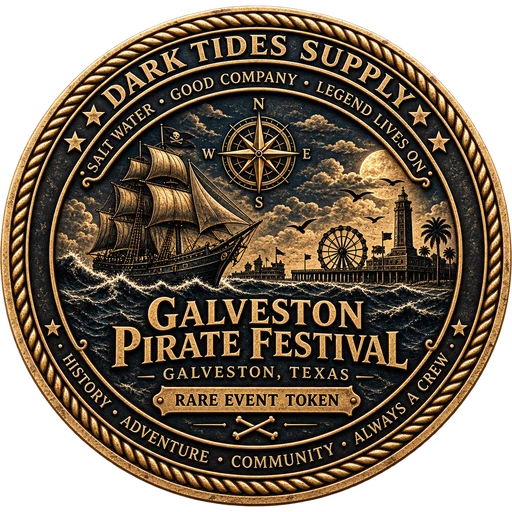 Token back — a ship off the Galveston seawall beneath the lighthouse and the Ferris wheel. Rare event token.