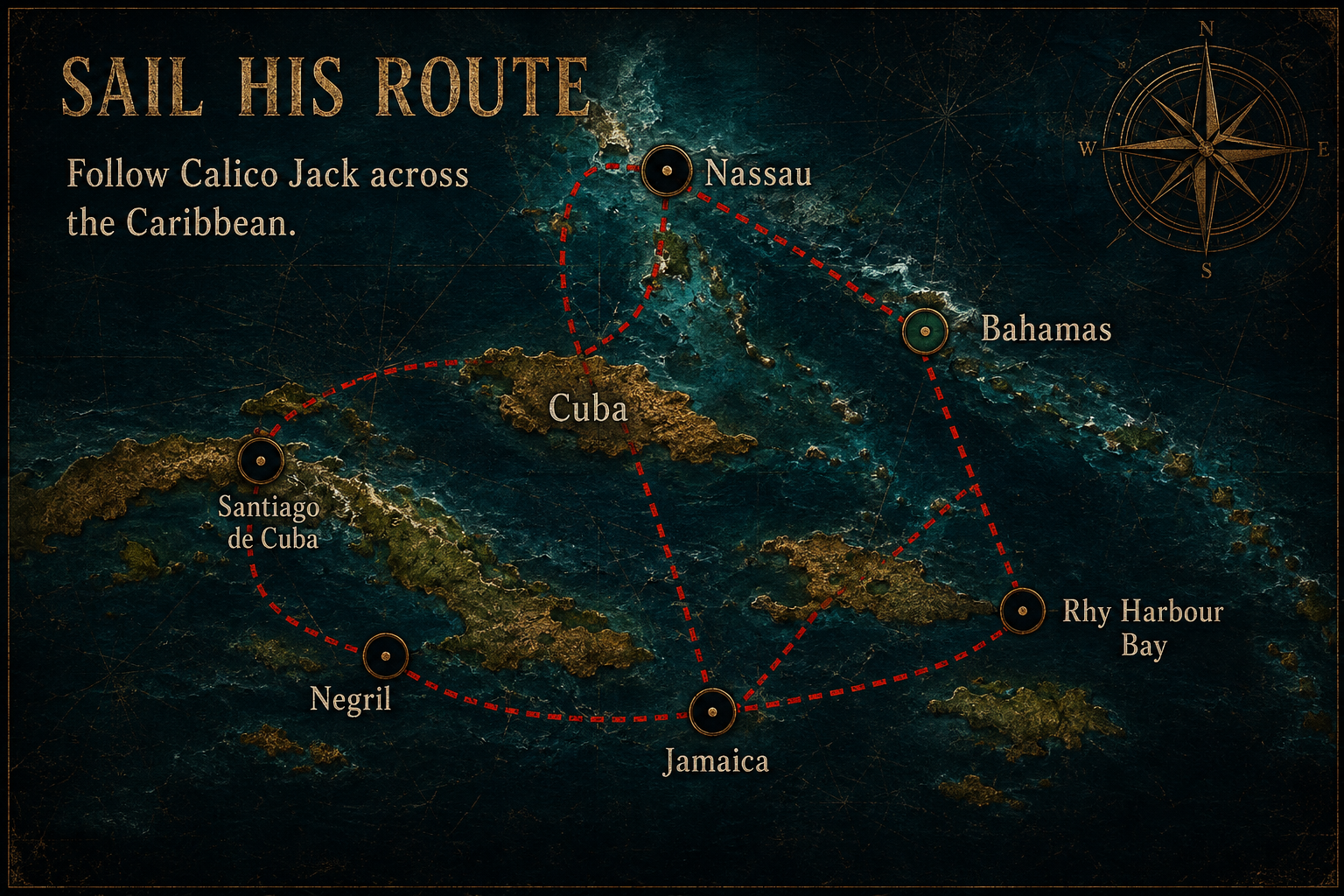 Illustrated map of the Caribbean places associated with John Rackam